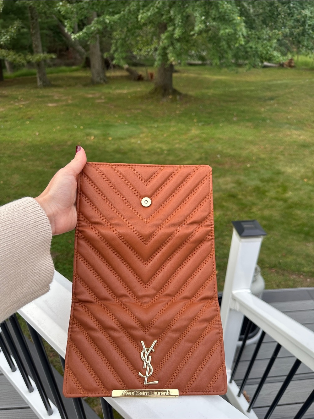 Yves Saint Laurent Rust Chevron Quilted Wallet with Gold Logo - Picture 9 of 11
